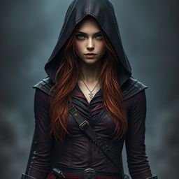 A young woman with long, reddish hair, dressed in a form-fitting outfit inspired by Assassin's Creed, featuring rich shades of red and black
