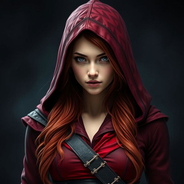 A young woman with long, reddish hair, dressed in a form-fitting outfit inspired by Assassin's Creed, featuring rich shades of red and black