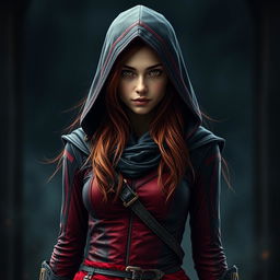 A young woman with long, reddish hair, dressed in a form-fitting outfit inspired by Assassin's Creed, featuring rich shades of red and black