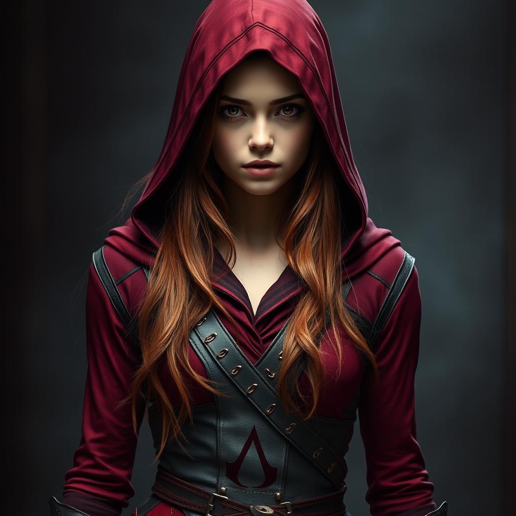 A young woman with long, reddish hair, dressed in a form-fitting outfit inspired by Assassin's Creed, featuring rich shades of red and black