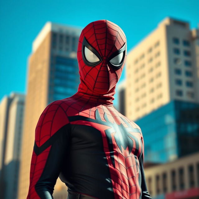 A person standing confidently, their face obscured by a classic Spider-Man mask