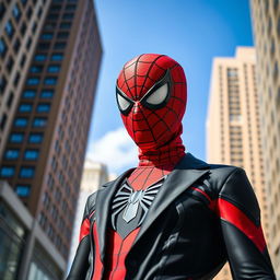 A person standing confidently, their face obscured by a classic Spider-Man mask