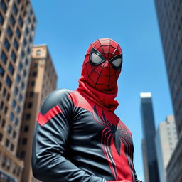 A person standing confidently, their face obscured by a classic Spider-Man mask