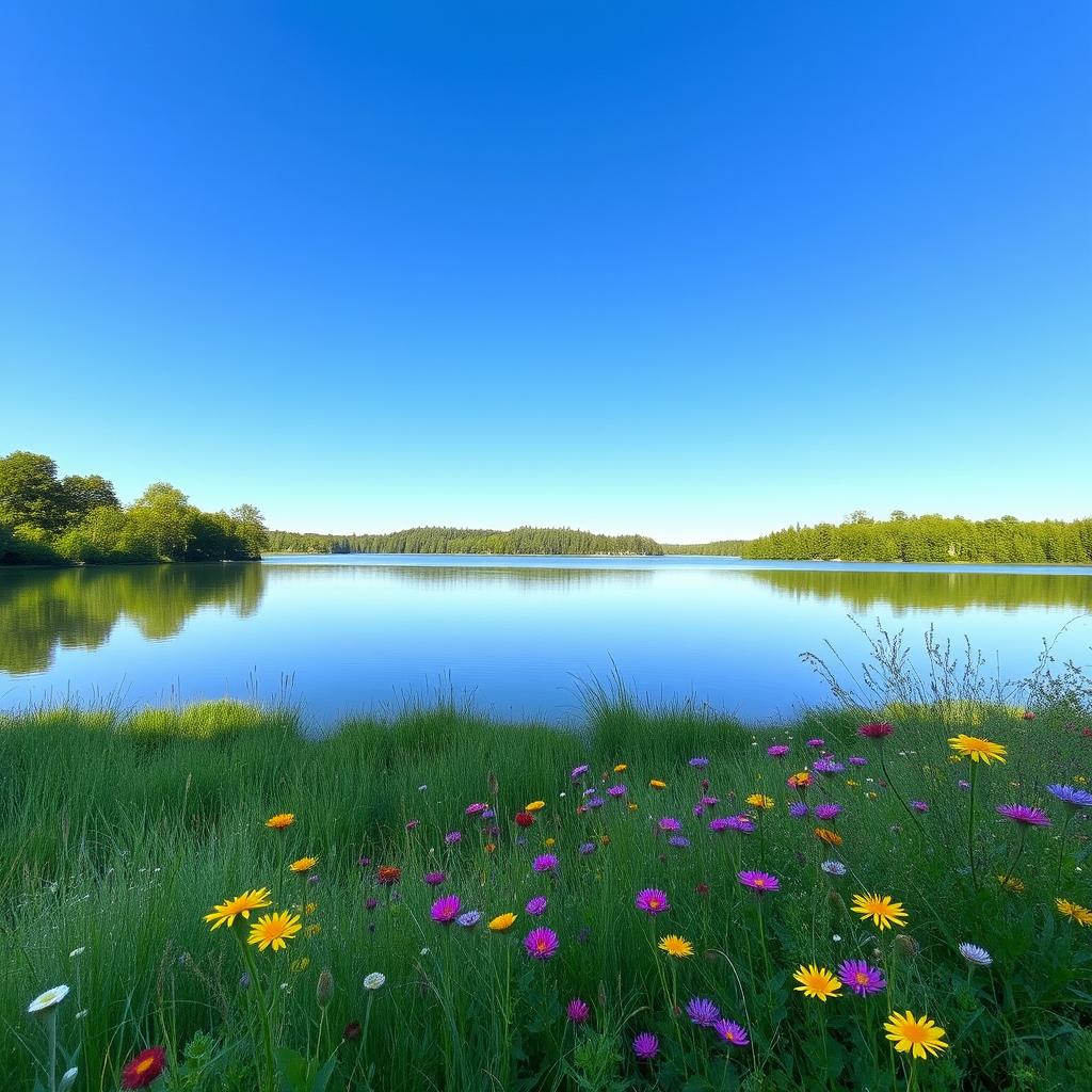 A serene landscape featuring a tranquil lake surrounded by lush green trees under a clear blue sky