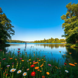 A serene landscape featuring a tranquil lake surrounded by lush green trees under a clear blue sky