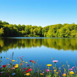 A serene landscape featuring a tranquil lake surrounded by lush green trees under a clear blue sky