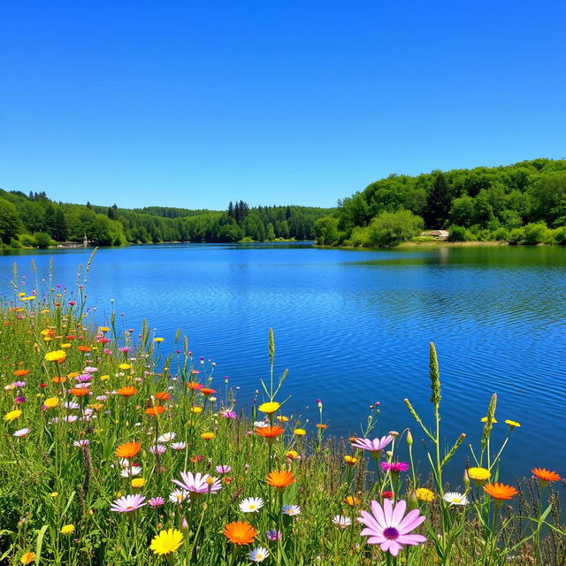 A serene landscape featuring a tranquil lake surrounded by lush green trees under a clear blue sky
