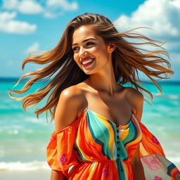 A beautiful woman with long, flowing hair styled in loose beachy waves, standing on a sunlit beach