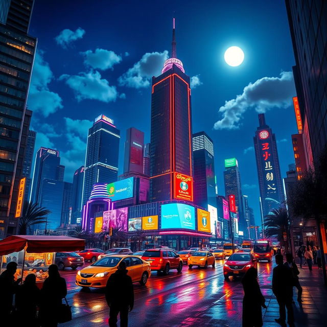 A vibrant cityscape at night, showcasing towering skyscrapers illuminated by colorful neon lights