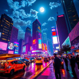 A vibrant cityscape at night, showcasing towering skyscrapers illuminated by colorful neon lights