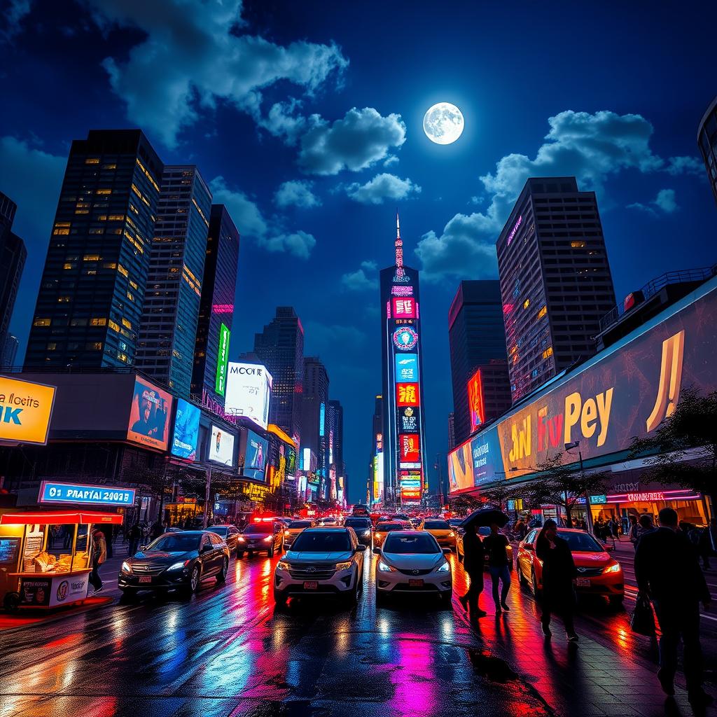 A vibrant cityscape at night, showcasing towering skyscrapers illuminated by colorful neon lights