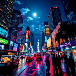 A vibrant cityscape at night, showcasing towering skyscrapers illuminated by colorful neon lights