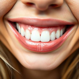 A close-up of a smiling mouth, showcasing perfect white teeth and soft, supple lips with a glossy sheen