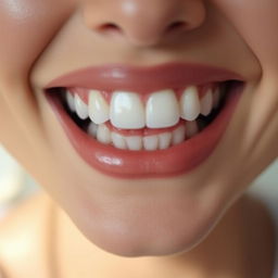 A close-up of a smiling mouth, showcasing perfect white teeth and soft, supple lips with a glossy sheen