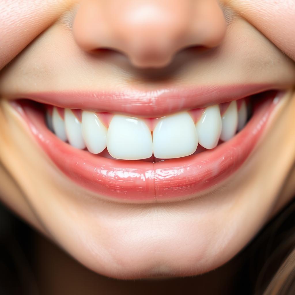 A close-up of a smiling mouth, showcasing perfect white teeth and soft, supple lips with a glossy sheen