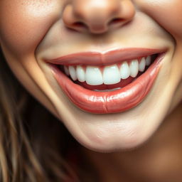 A close-up of a smiling mouth, showcasing perfect white teeth and soft, supple lips with a glossy sheen