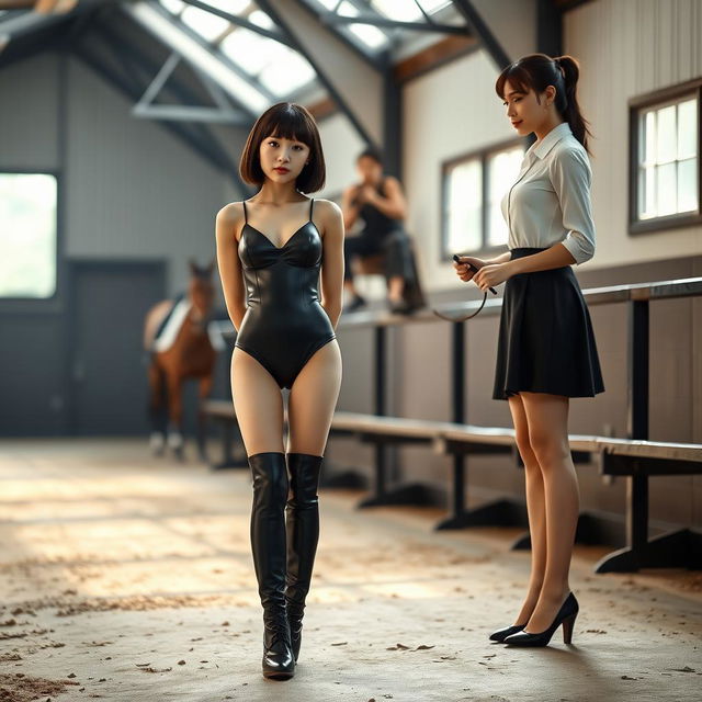 A photorealistic scene featuring two girls in a horse riding school