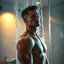 A muscular man taking a refreshing shower, water cascading down his body creating glistening droplets