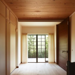 An interior design of a room with two large windows allowing plentiful daylight in, and one wooden door.