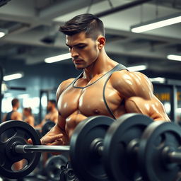 A strong, athletic man engaged in an intense workout session at a modern gym