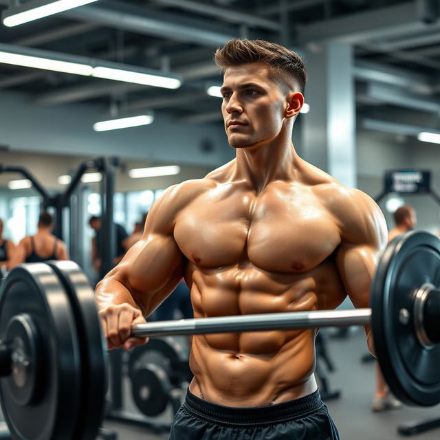 A strong, athletic man engaged in an intense workout session at a modern gym