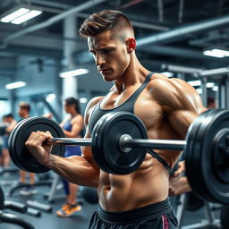 A strong, athletic man engaged in an intense workout session at a modern gym