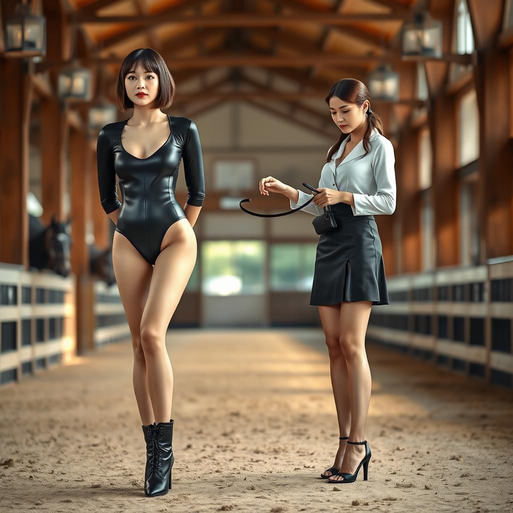 A photorealistic depiction of two girls in a horse riding school