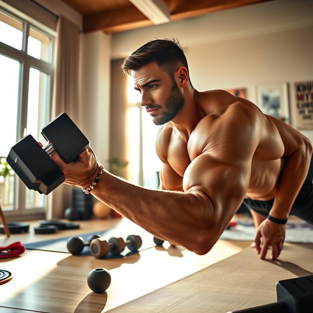 A muscular man focused on working out at home, showcasing his dedication and strength