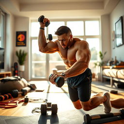 A muscular man focused on working out at home, showcasing his dedication and strength