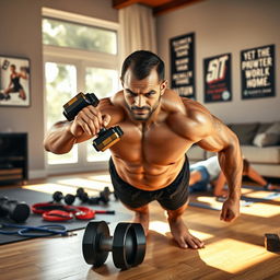 A muscular man focused on working out at home, showcasing his dedication and strength