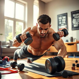 A muscular man focused on working out at home, showcasing his dedication and strength