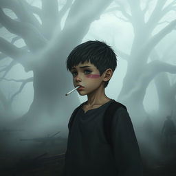 A young boy with short hair sporting a distinctive pink scar across his cheek, standing in a foggy battlefield surrounded by enormous trees