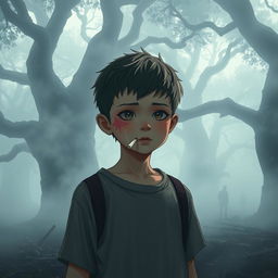 A young boy with short hair sporting a distinctive pink scar across his cheek, standing in a foggy battlefield surrounded by enormous trees