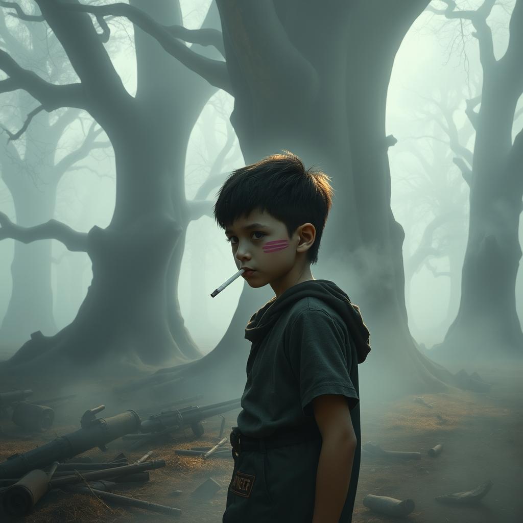 A young boy with short hair sporting a distinctive pink scar across his cheek, standing in a foggy battlefield surrounded by enormous trees