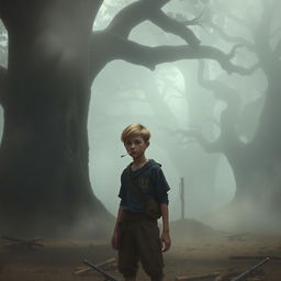 A young boy with short hair sporting a distinctive pink scar across his cheek, standing in a foggy battlefield surrounded by enormous trees