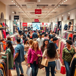 A vibrant and bustling clothing store filled with diverse people shopping happily