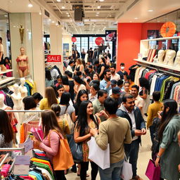 A vibrant and bustling clothing store filled with diverse people shopping happily