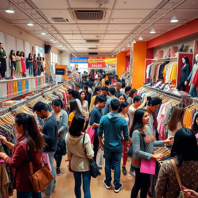 A vibrant and bustling clothing store filled with diverse people shopping happily