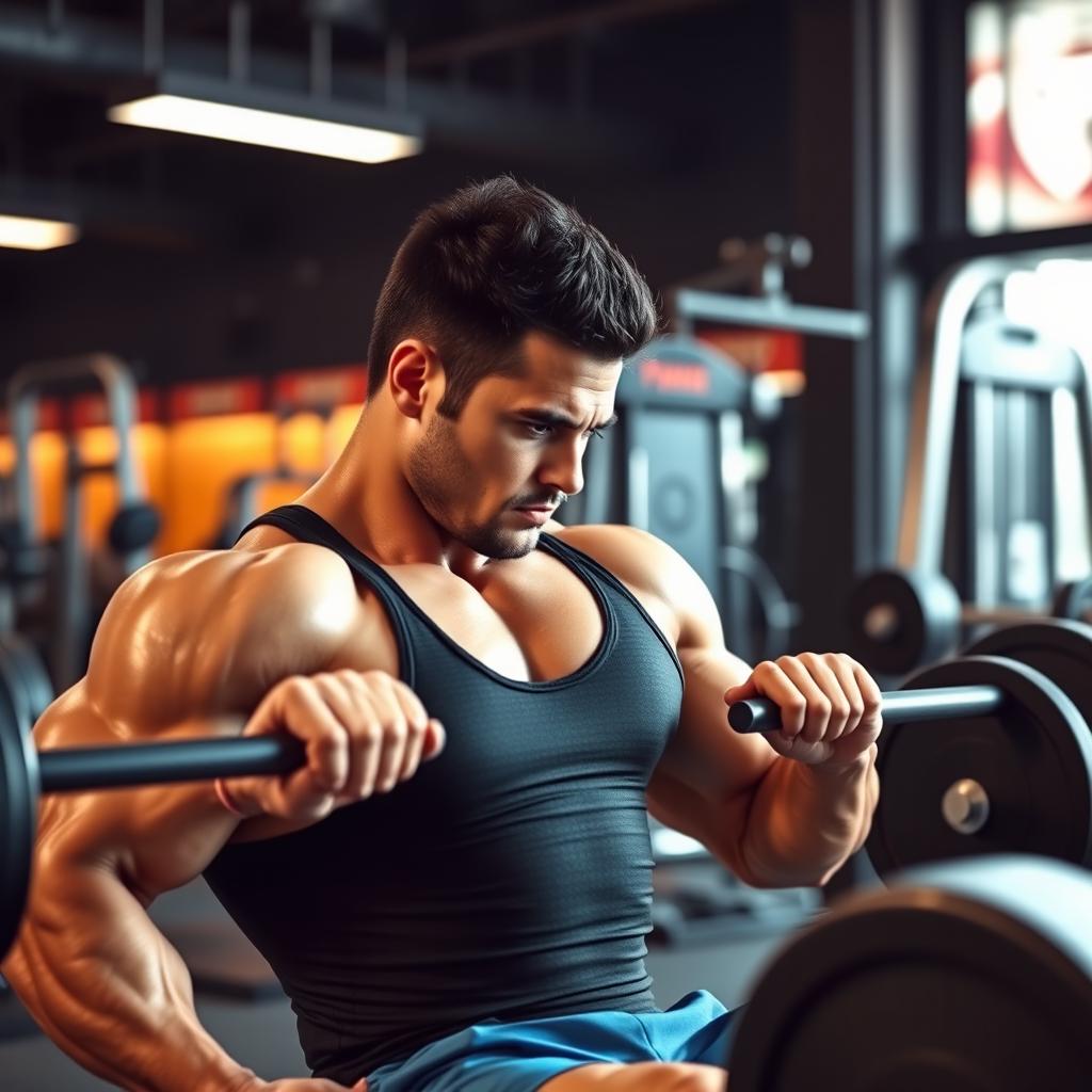 A muscular man working out at the gym, focusing on lifting weights