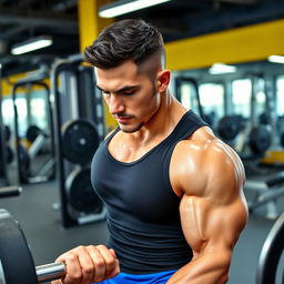 A muscular man working out at the gym, focusing on lifting weights