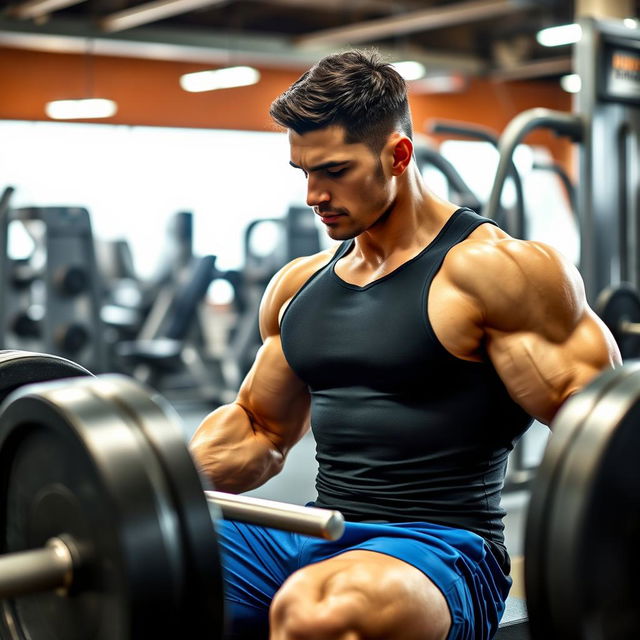 A muscular man working out at the gym, focusing on lifting weights