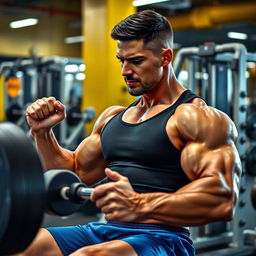 A muscular man working out at the gym, focusing on lifting weights