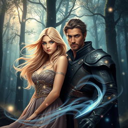 A fantasy book cover featuring a beautiful blonde girl and a handsome brunette man against a mystical forest background, surrounded by swirling magical energy
