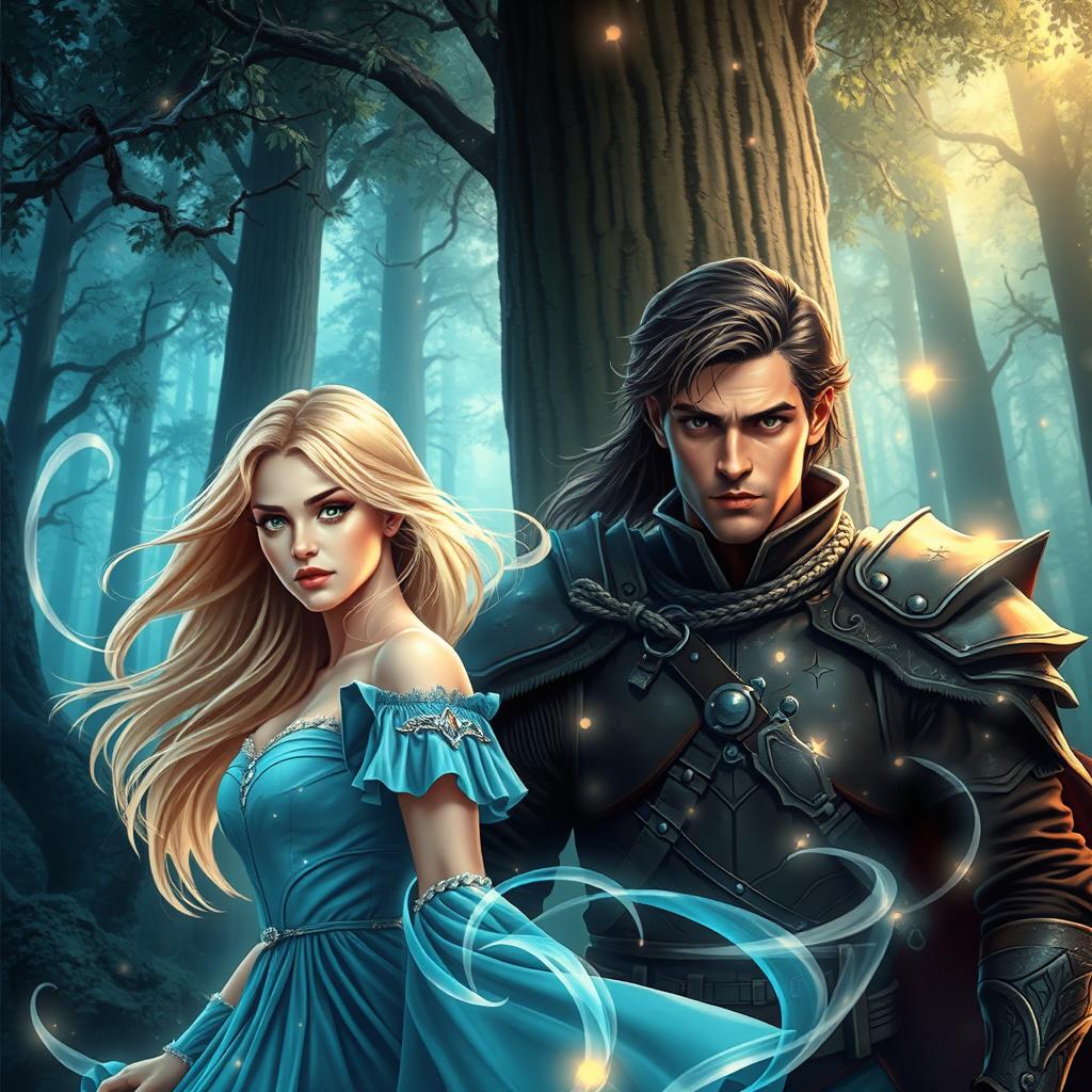 A fantasy book cover featuring a beautiful blonde girl and a handsome brunette man against a mystical forest background, surrounded by swirling magical energy