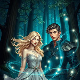 A fantasy book cover featuring a beautiful blonde girl and a handsome brunette man against a mystical forest background, surrounded by swirling magical energy