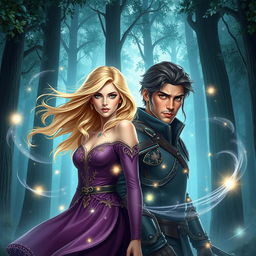 A fantasy book cover featuring a beautiful blonde girl and a handsome brunette man against a mystical forest background, surrounded by swirling magical energy