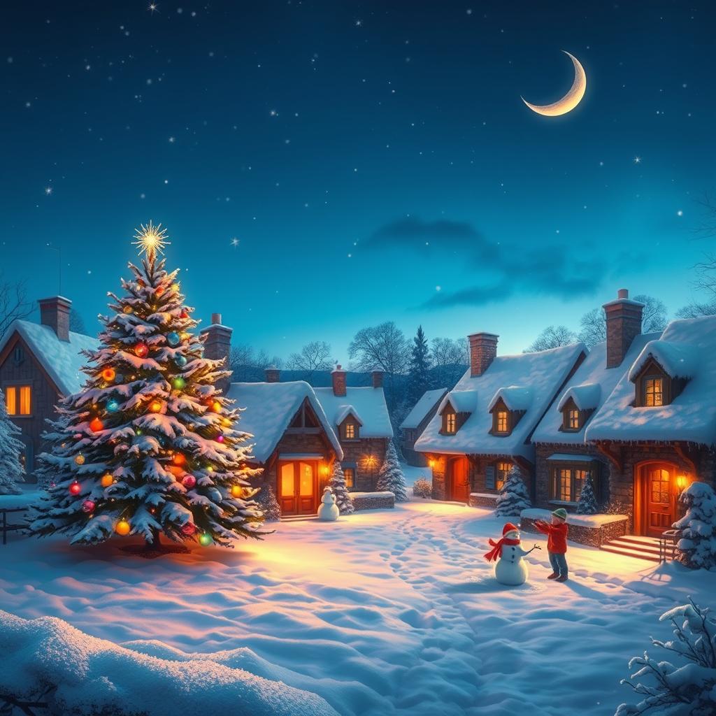 A magical winter scene featuring a quaint village covered in a thick layer of fresh, fluffy snow