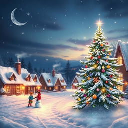 A magical winter scene featuring a quaint village covered in a thick layer of fresh, fluffy snow