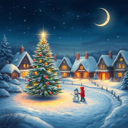 A magical winter scene featuring a quaint village covered in a thick layer of fresh, fluffy snow