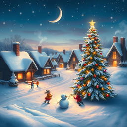 A magical winter scene featuring a quaint village covered in a thick layer of fresh, fluffy snow